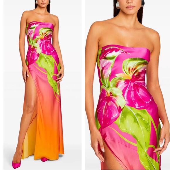 Retrofete Dresses & Skirts - RETROFETE Aiyanna Silk Floral Strapless Ombre Anthurium Maxi Dress Size XL